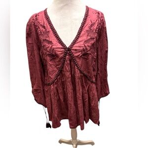 Women's bohemian Burgundy Embroidered Top